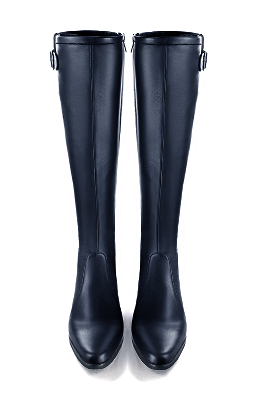 Navy blue women's knee-high boots with buckles. Round toe. Low leather soles. Made to measure. Top view - Florence KOOIJMAN